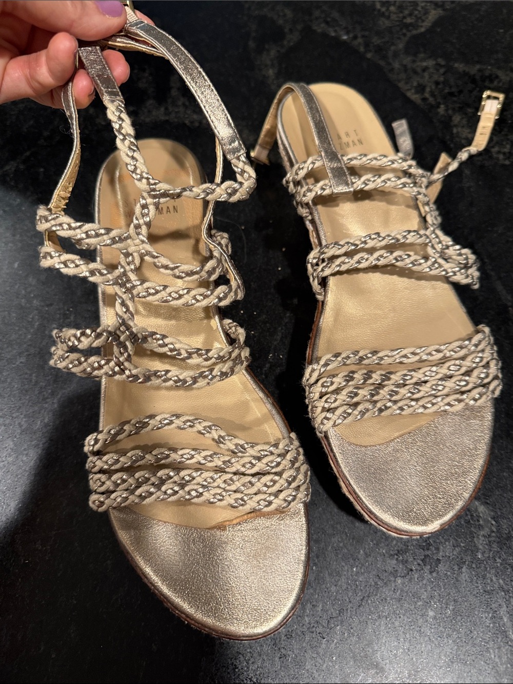 Stuart Weitzman Braided Metallic Sandals - Champagne Gold